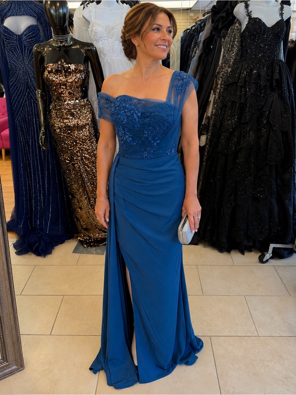 Elegant Teal Off-Shoulder Embellished Evening Gown size 4 Nicoletta stretch mesh
